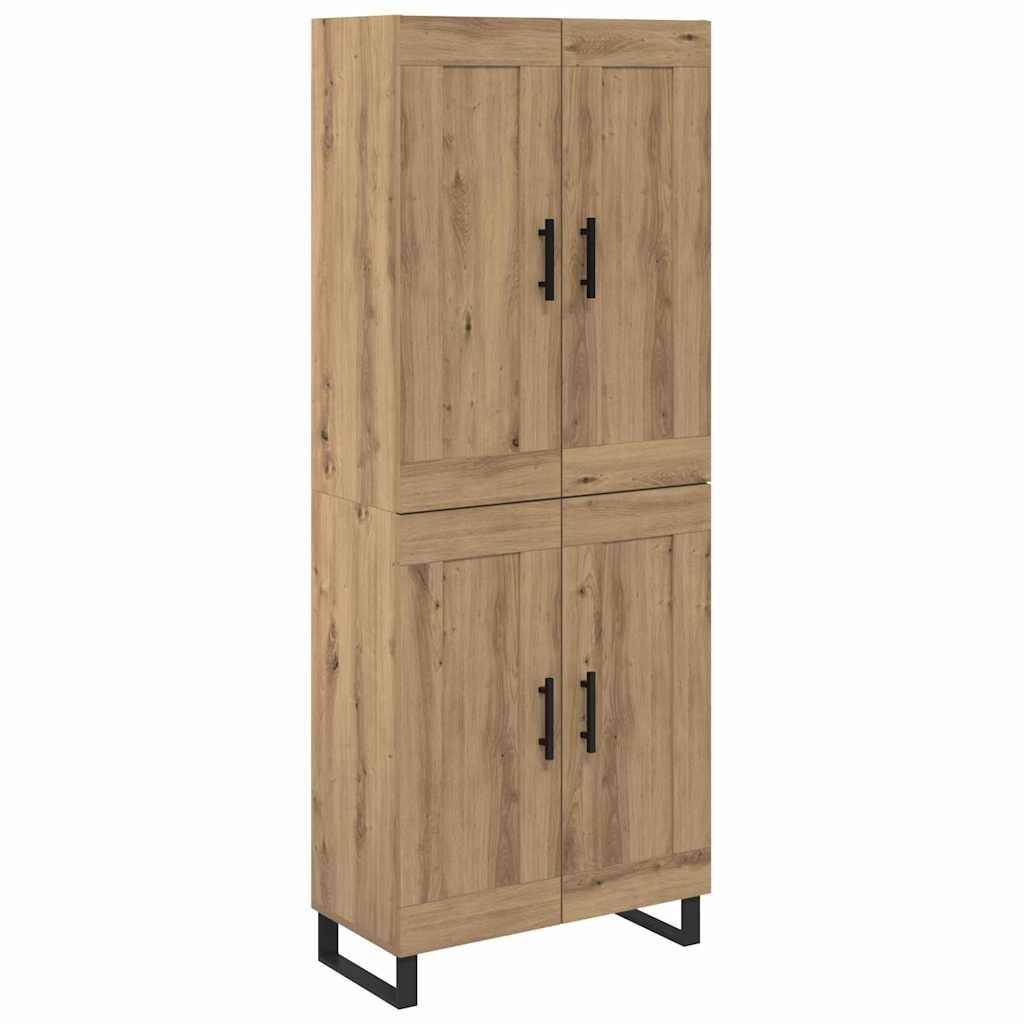 Ein hoher, rechteckiger Holzschrank mit vier Türen und schwarzen Metallgriffen, mit einer natürlichen Holzmaserung und Metallfüßen.