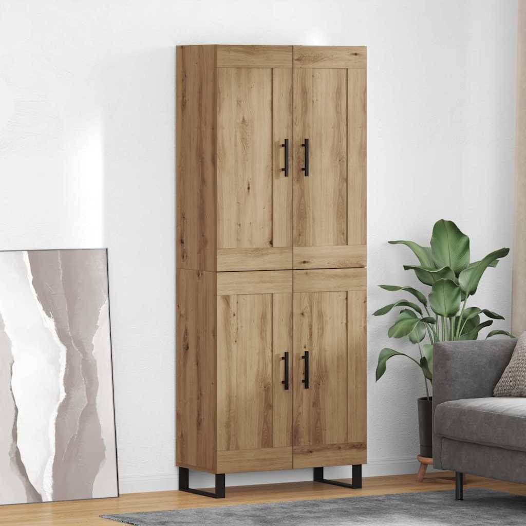 Hoher Holz-Aufbewahrungsschrank mit Doppeltüren steht vor einer hellen Wand, neben abstraktem Kunstwerk und einer Zimmerpflanze. Moderne Einrichtung.