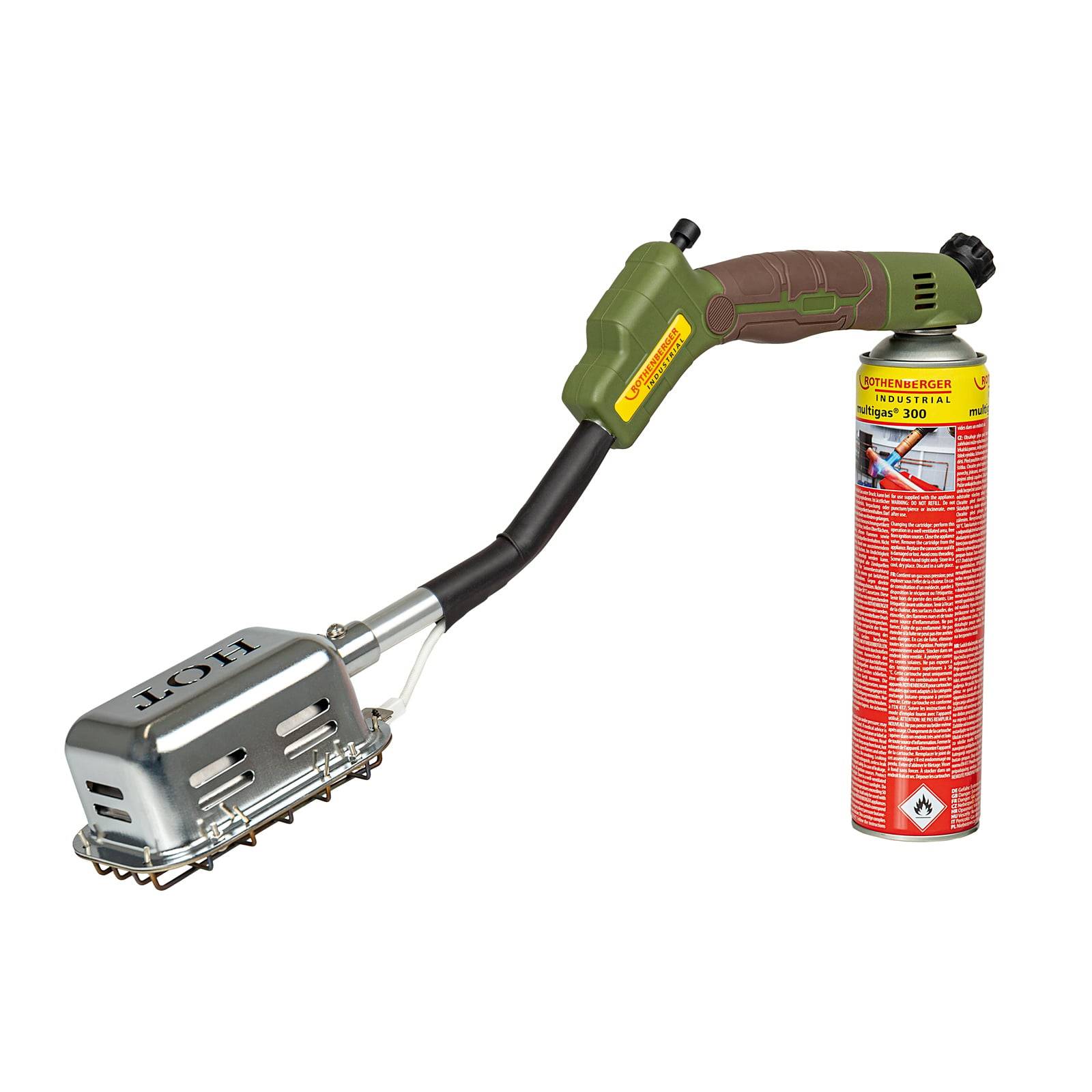 Eine Unkrautbrennlampe mit einer Metalldüse und einem grünen Griff ist an einer roten Gasflasche angeschlossen, die mit „Malgas 300