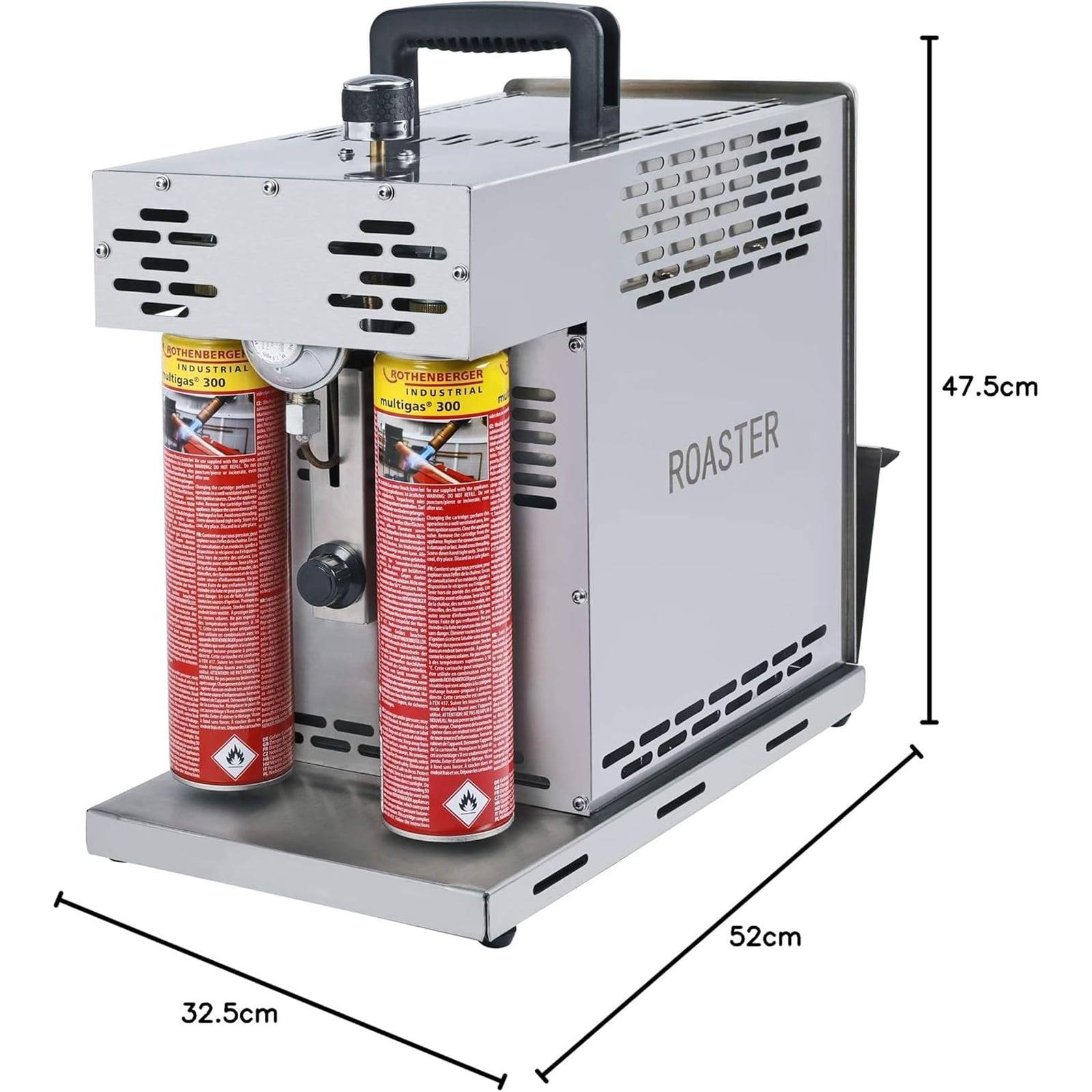 Tragbare Röstmaschine mit zwei roten Gaskanistern, beschriftet mit 'Röster'. Abmessungen sind 47,5 cm hoch, 32,5 cm breit und 52 cm tief.