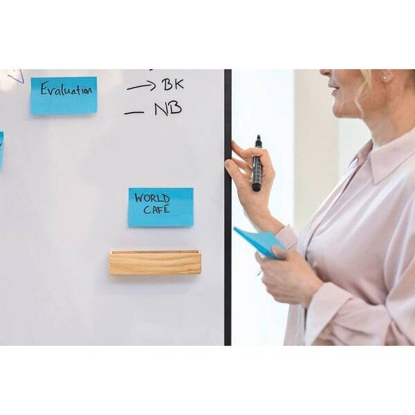 Frau schreibt auf einem Whiteboard mit Haftnotizen mit den Beschriftungen 