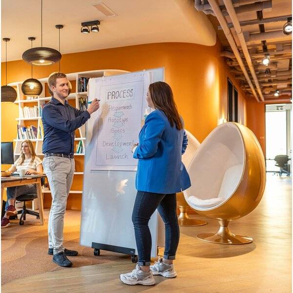 Arbeitskollegen diskutieren einen Projektprozess auf einem Whiteboard in einem modernen Büro, während ein sitzender Kollege im Hintergrund arbeitet.