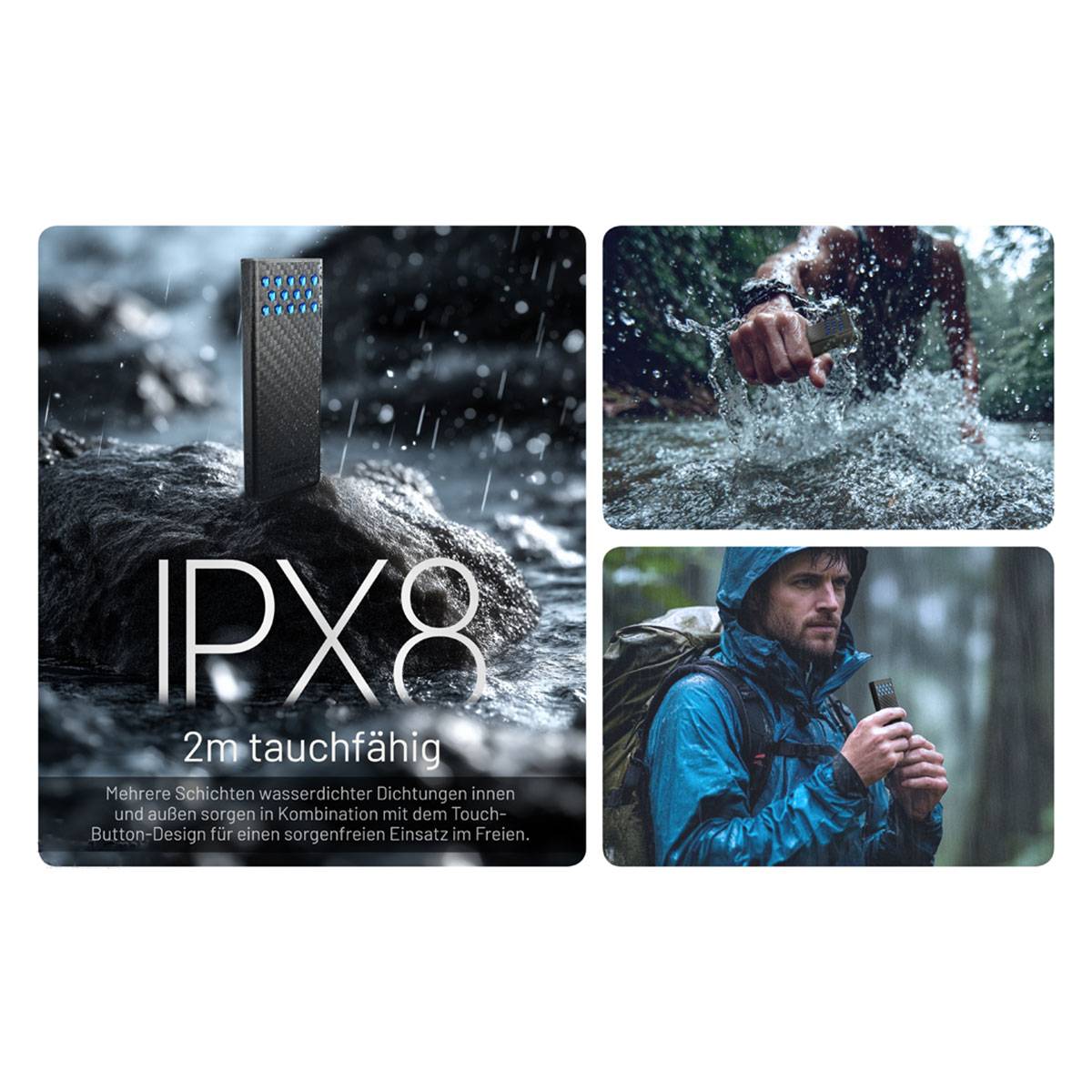 IPX8 2m tauchfähig' wasserdichtes Gerät. Bilder zeigen eine Person, die das Gerät bei Regen und unter Wasser verwendet und dabei Robustheit und Outdoor-Einsatz hervorhebt.