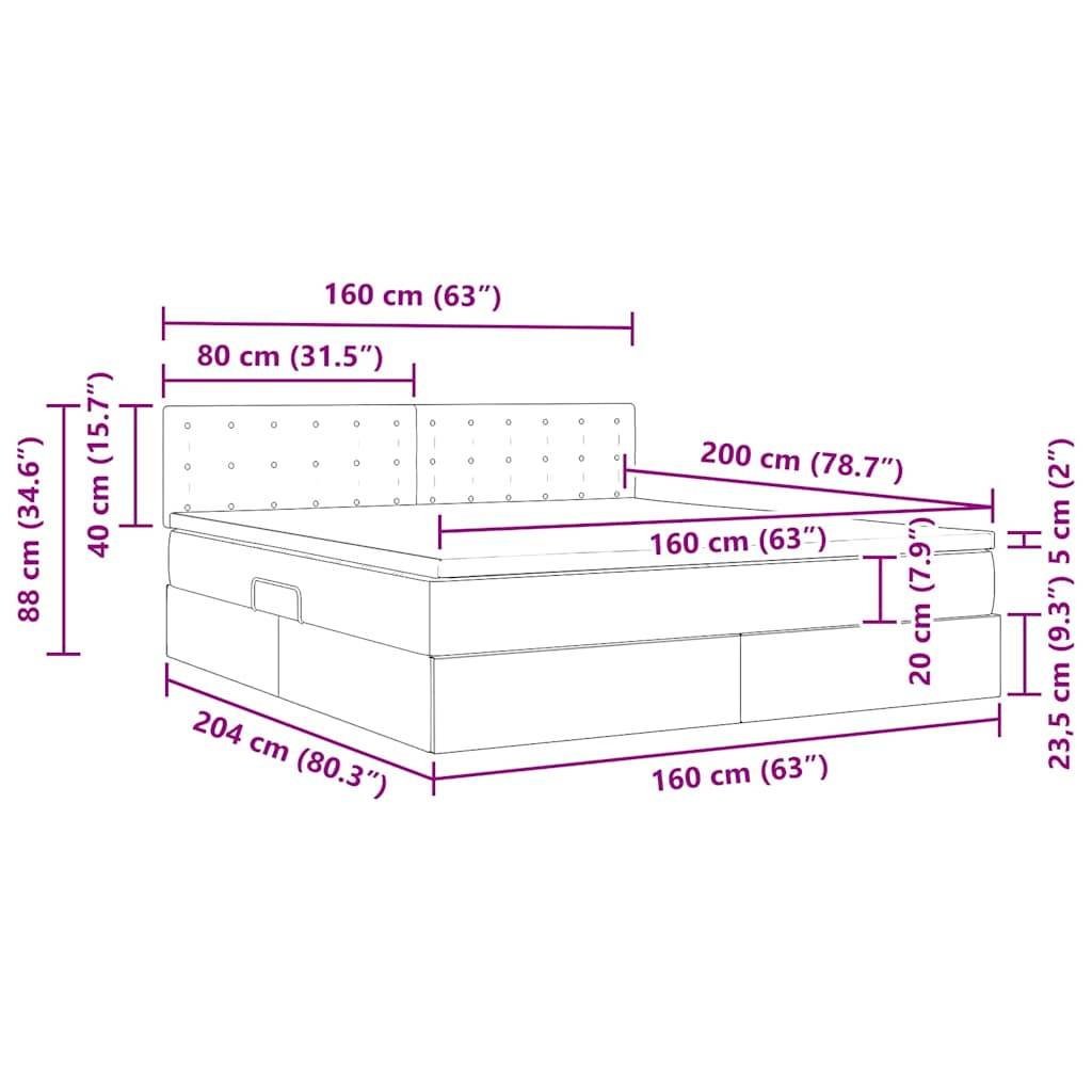Diagramm eines Bettes mit Maßen: Länge 204 cm (80,3