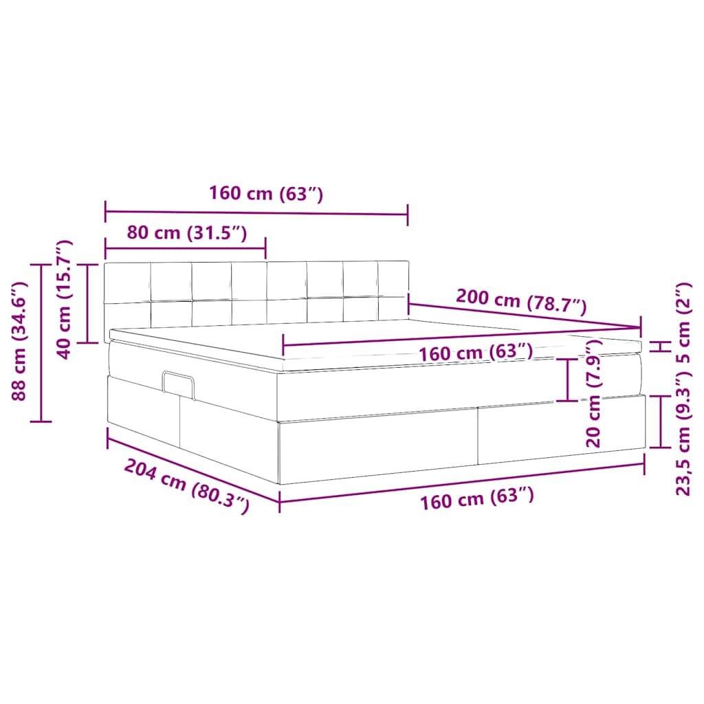 Diagramm eines Bettes mit Maßen. Länge: 204 cm, Breite: 160 cm. Höhe des Kopfteils: 88 cm. Mattengröße: 200 cm x 160 cm.