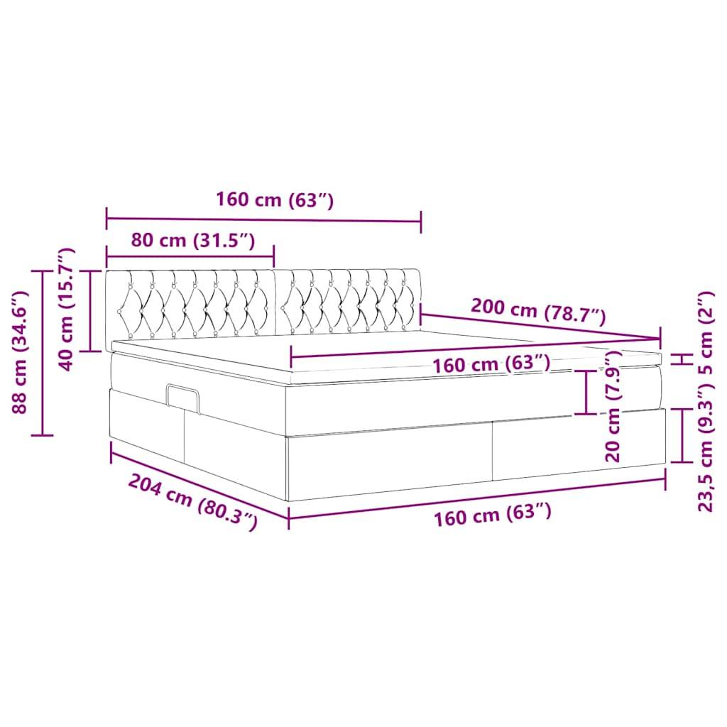 Abmessungen eines Bettes mit Stauraum: Breite 160 cm, Tiefe 204 cm, Höhe 88 cm. Mattressenhöhe 20 cm, Stauraum-Höhe 23,5 cm.