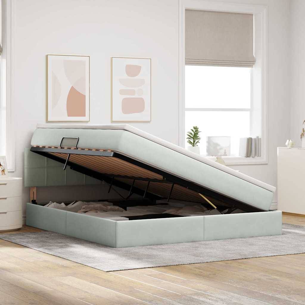 Ein modernes Schlafzimmer mit einem hellgrauen Hydraulikbett mit Stauraum und großzügigem Stauplatz darunter. Minimalistische Einrichtung mit abstrakter Wandkunst.