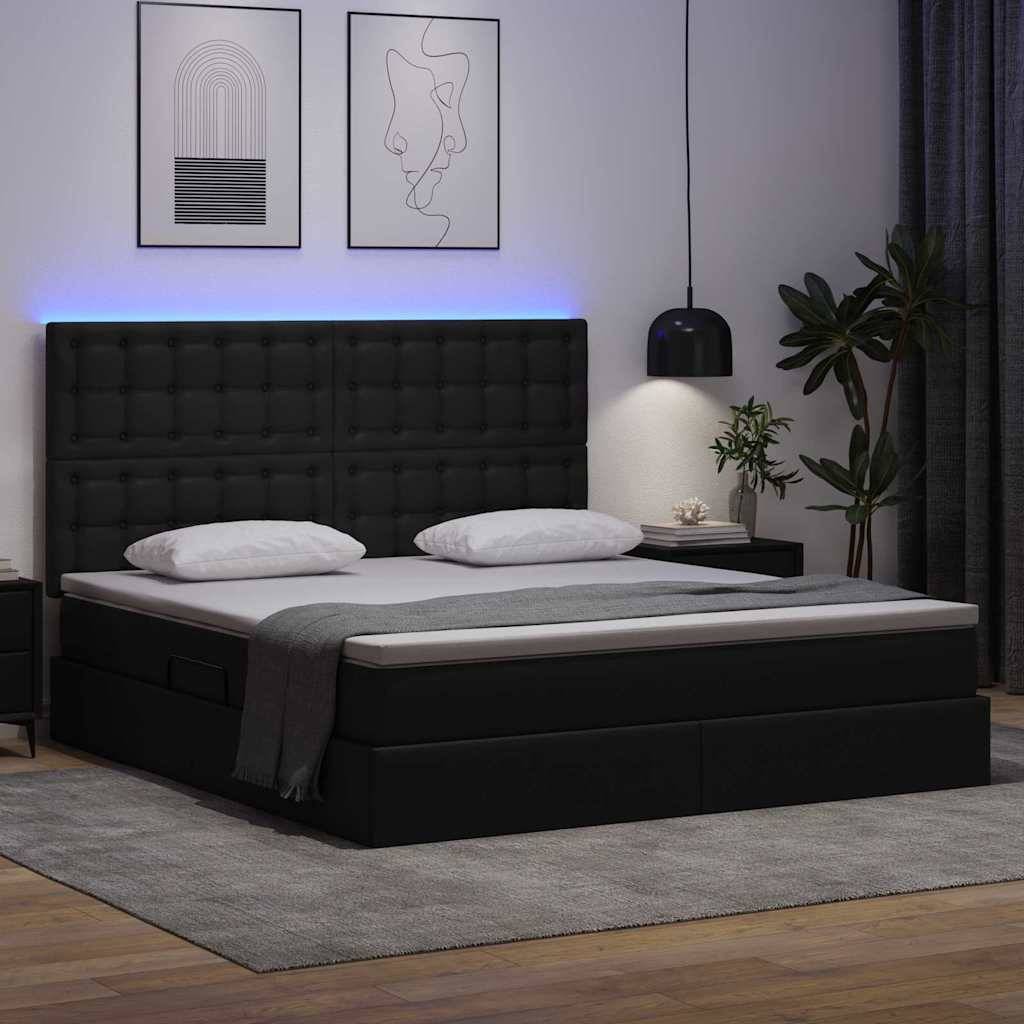 Ein modernes Schlafzimmer mit einem großen dunkel gepolsterten Bett, weißer Bettwäsche, abstrakter Wandkunst, einer schwarzen Pendelleuchte und einer kleinen Pflanze auf einem Nachttisch.