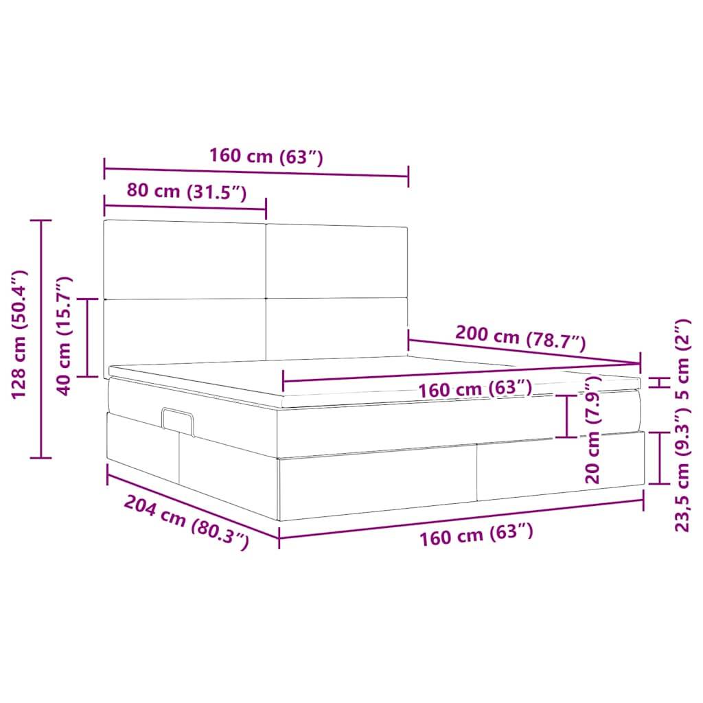 Diagramm eines Bettes mit Stauraum, mit Maßangaben: 204 cm lang, 160 cm breit, 128 cm Kopfteilhöhe und 23,5 cm Basishöhe.