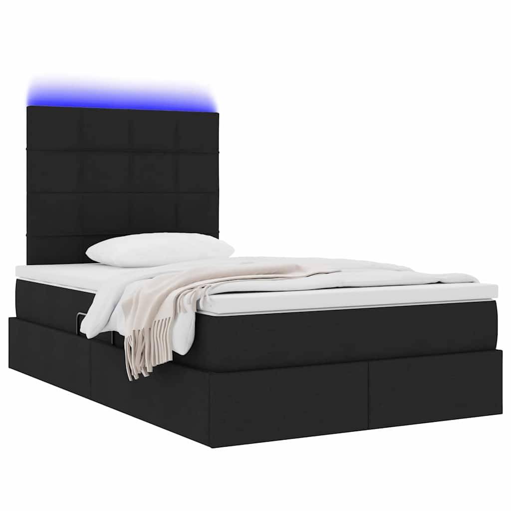 Ein schwarzes Bett mit Schubladen zur Aufbewahrung, weißer Bettwäsche und einem gepolsterten Kopfteil mit blauer LED-Beleuchtung an der Oberseite.