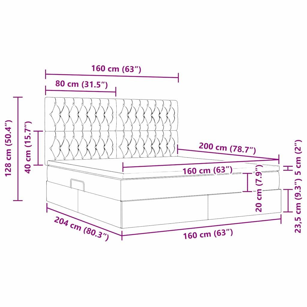 Darstellung eines Bettes mit Abmessungen: 204 cm lang, 160 cm breit, 128 cm Kopfteilhöhe, 40 cm Basishöhe und Schubladenhöhe von 23,5 cm.