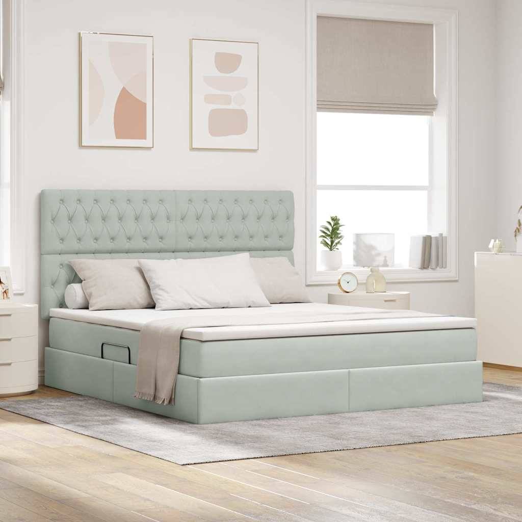 Modernes Schlafzimmer mit einem hellgrauen gepolsterten Bett, weißer Bettwäsche und minimalistischer Dekoration. Zwei abstrakte Gemälde schmücken die Wand darüber.