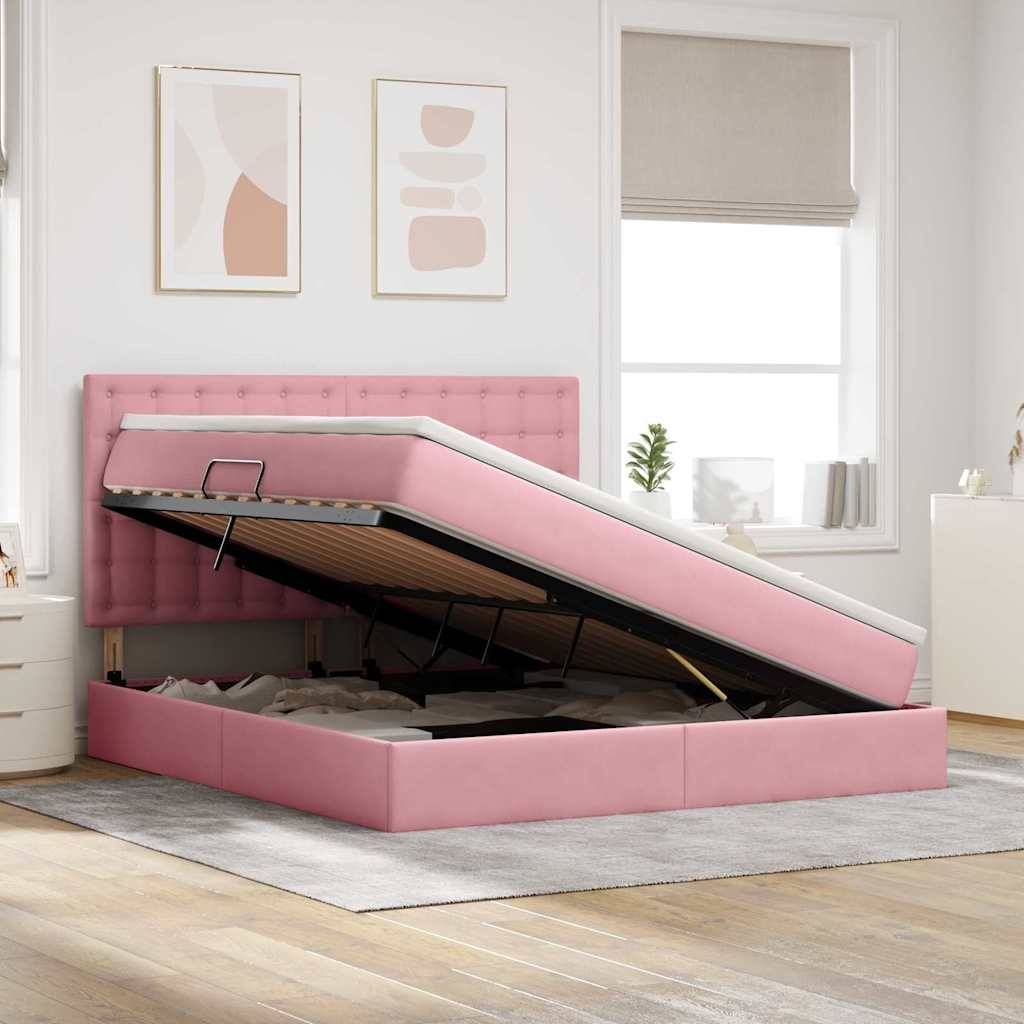 Ein rosa gepolstertes Bett mit einer offenen, hochklappbaren Stauraumbasis in einem modernen Schlafzimmer mit hellen Wänden, Holzfußboden und großen Fenstern.