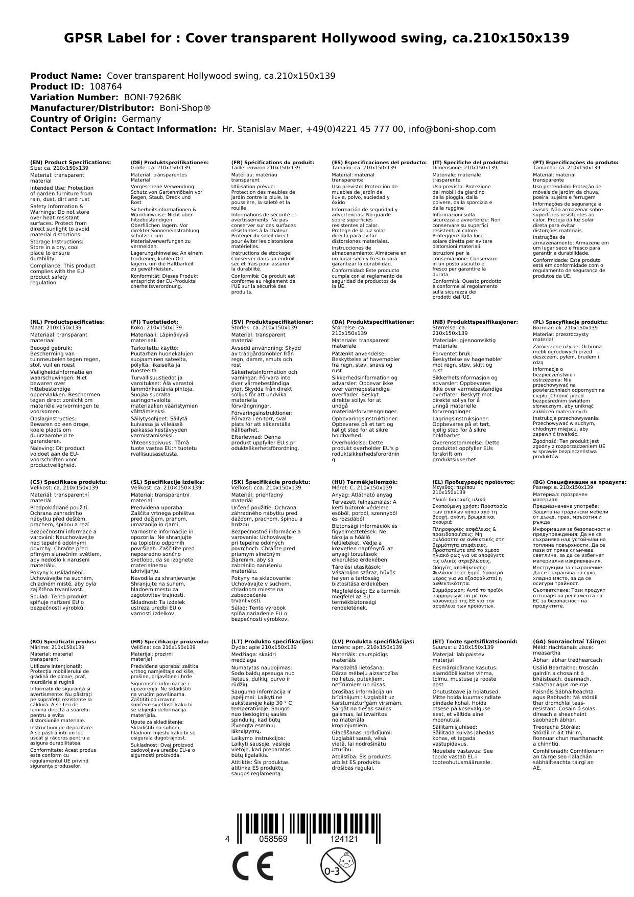 Schutzhülle transparent Hollywoodschaukel, ca.210x150x139