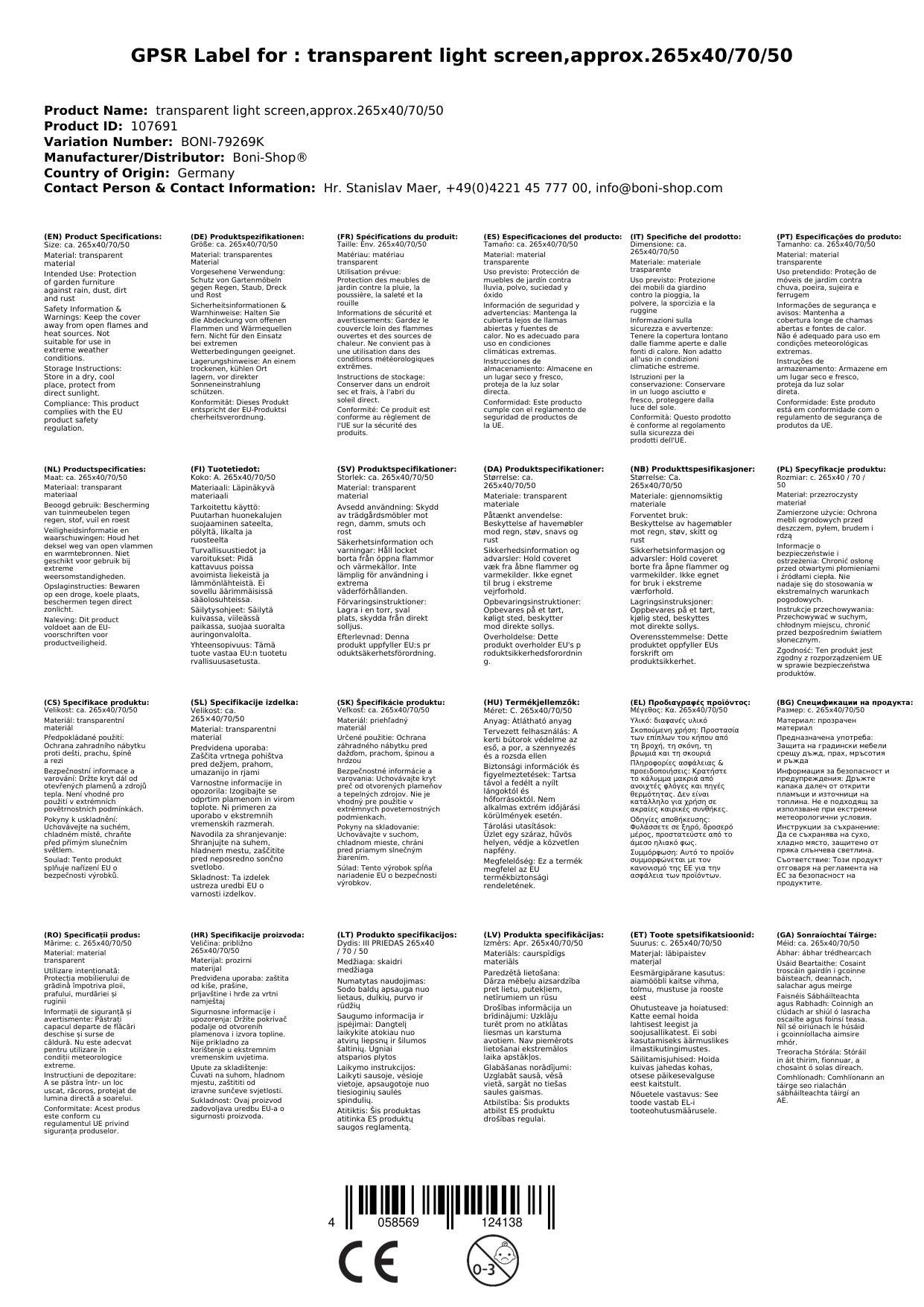 Schutzhülle transparent Ampelschirm,ca.265x40/70/50