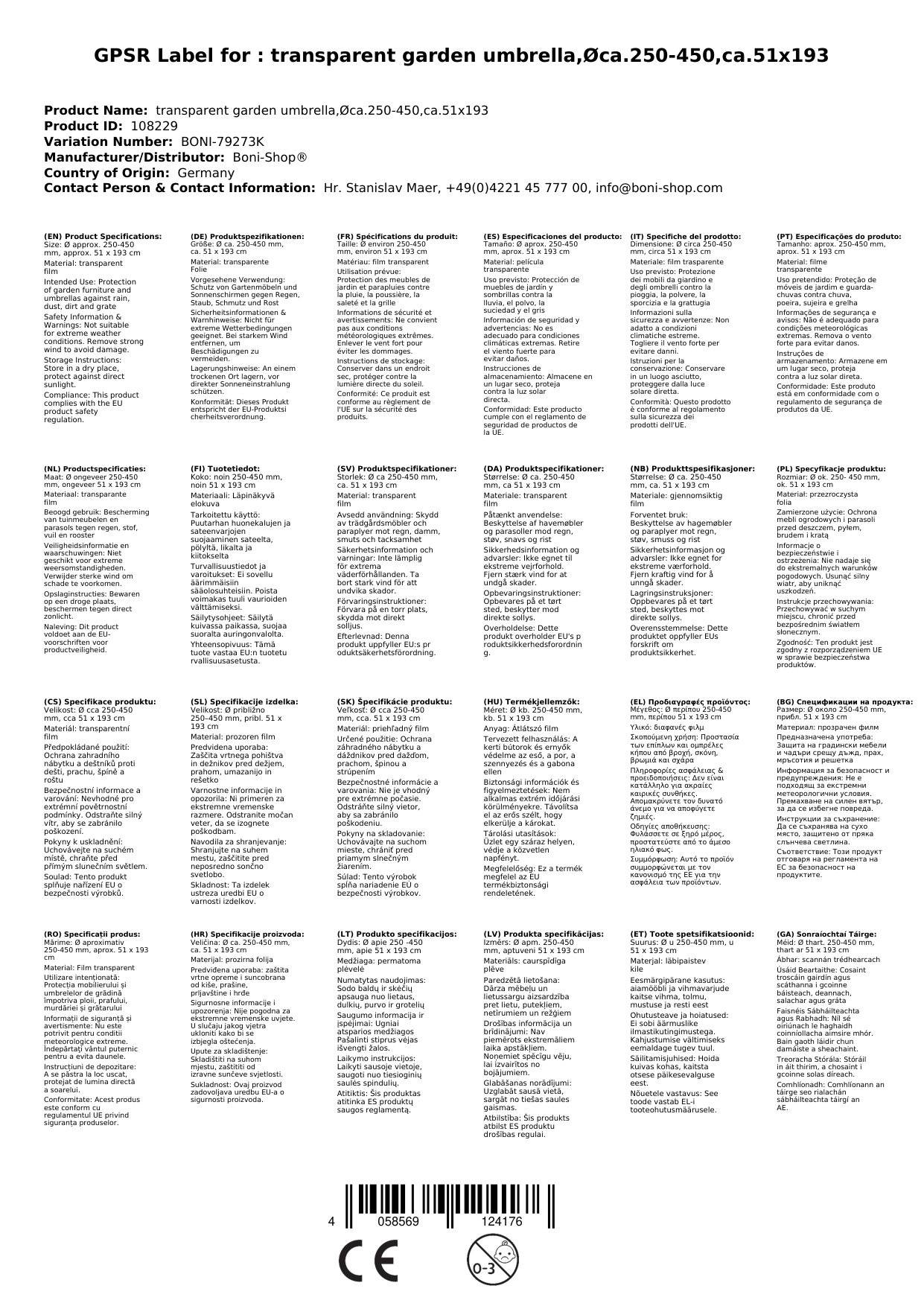 Schutzhülle transparent Gartenschirm,Øca.250-450,ca.51x193