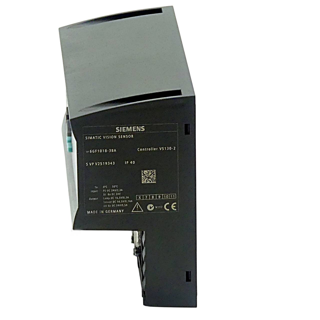 Ein schwarzer Siemens Simatic Bildverarbeitungssensor mit Produktinformationen, einschließlich des Modells '6GF1011-3BA' und einem 'Made in Germany'-Etikett an der Seite.