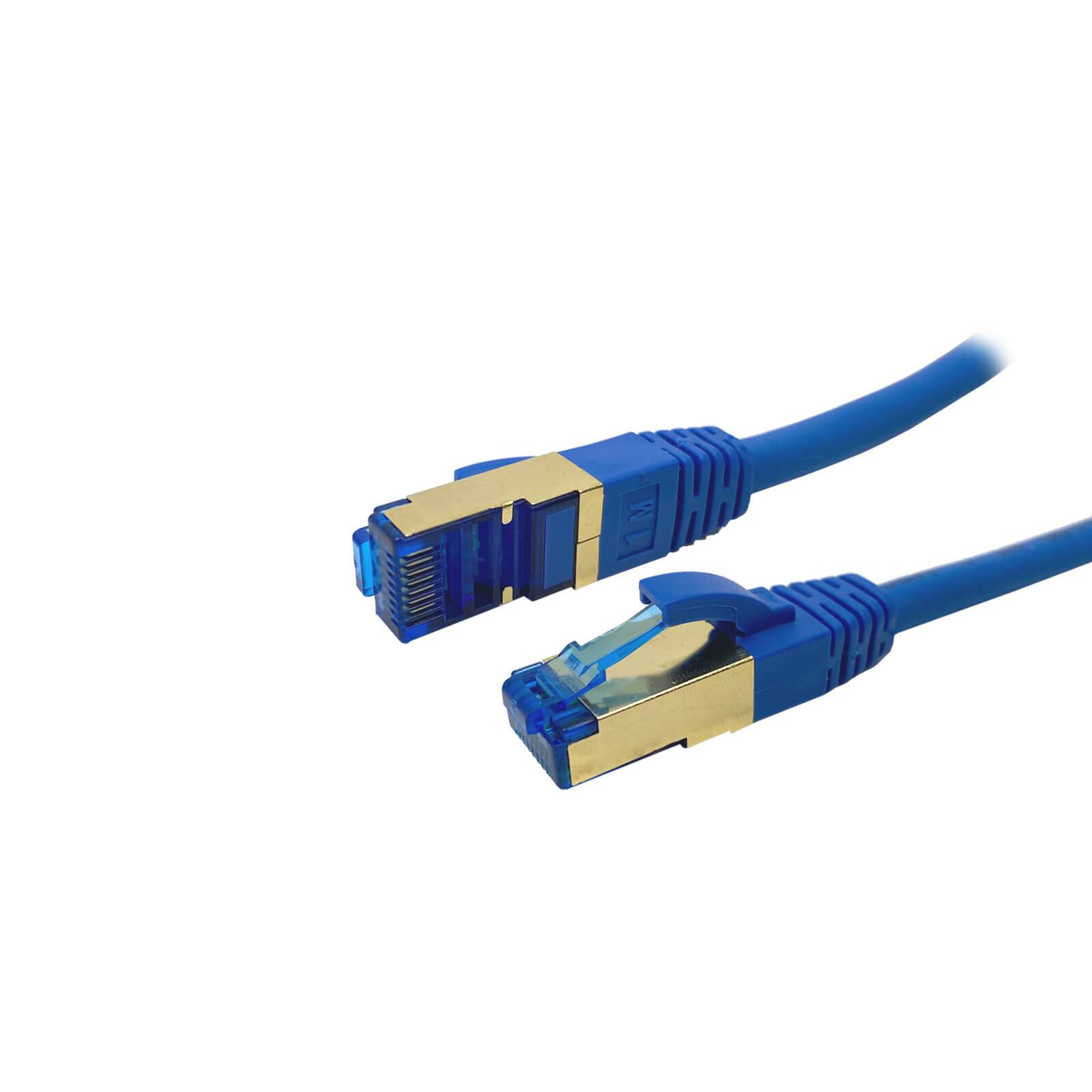 Blaues Ethernet-Kabel mit goldenen Anschlüssen an beiden Enden, verwendet für Hochgeschwindigkeits-Internetverbindungen.
