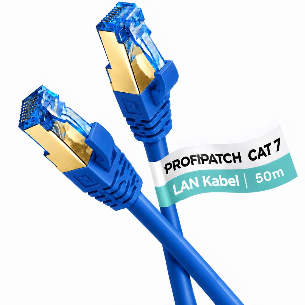 Blue Cat 7 Ethernet LAN-Kabel mit zwei RJ45-Steckern, gekennzeichnet mit „PROFIPATCH CAT7 LAN Kabel | 50m