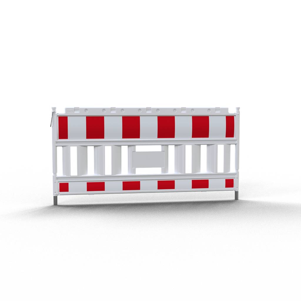 Eine Plastik-Absperrschranke mit roten und weißen Streifen steht auf einem schwarzen Hintergrund und kennzeichnet einen Vorsichts- oder Baustellenbereich.