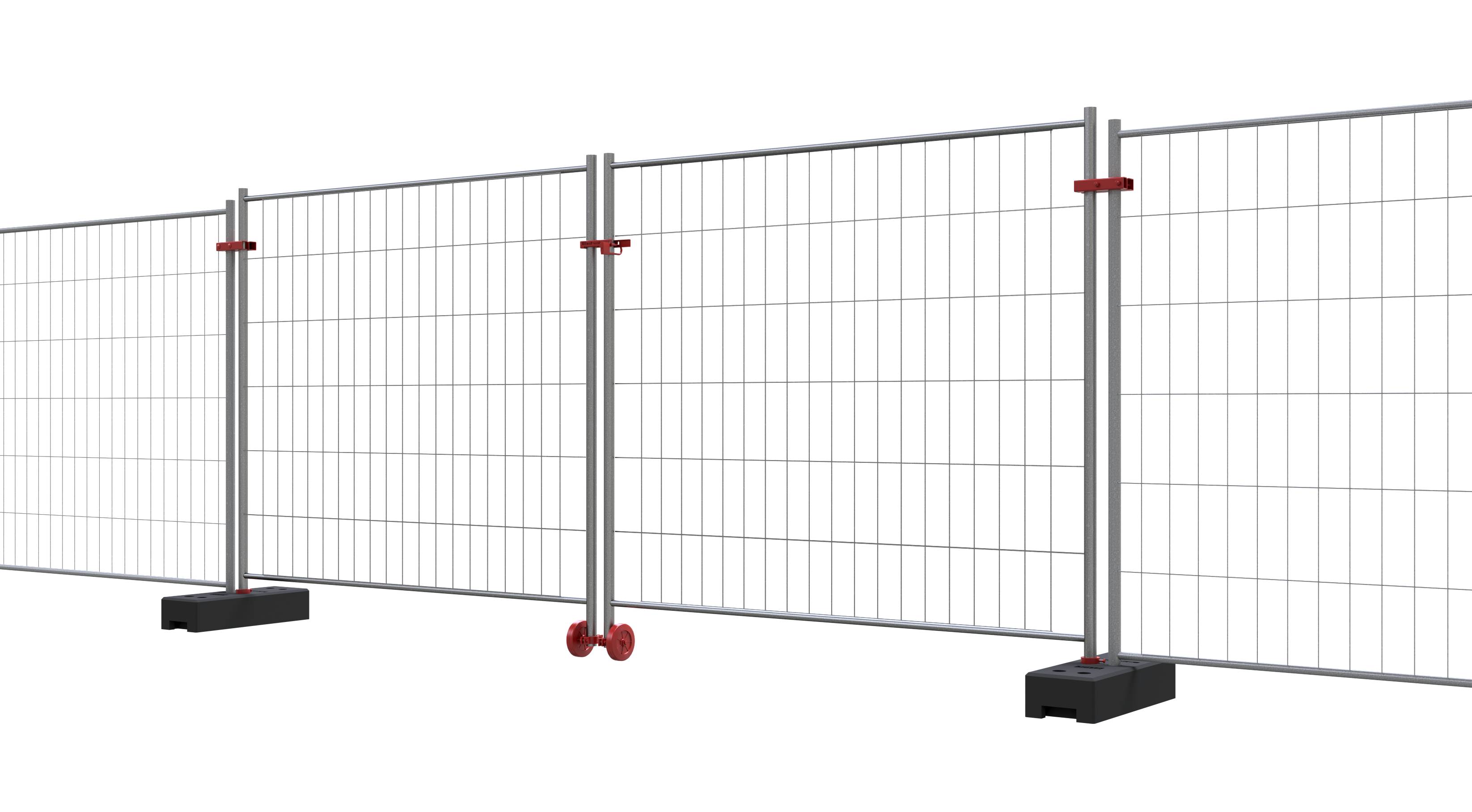 Ein Metallabsperrzaun mit roten Rädern an der Basis, wahrscheinlich für Menschenmengensteuerung oder Bauarbeiten verwendet, steht vor einem schwarzen Hintergrund.