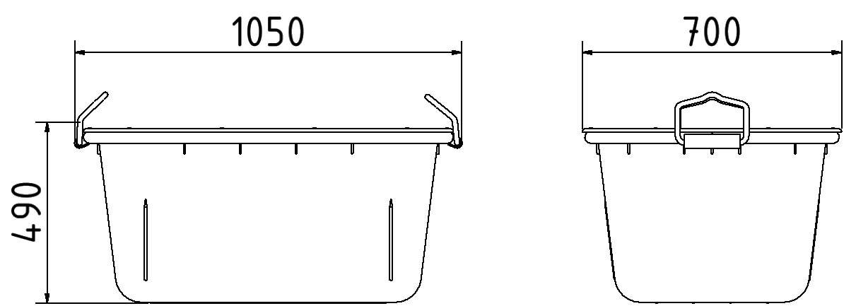 Querschnittsdiagramm eines Behälters mit Abmessungen von 650, versehen mit einem Rand und einer vertikalen Nut.