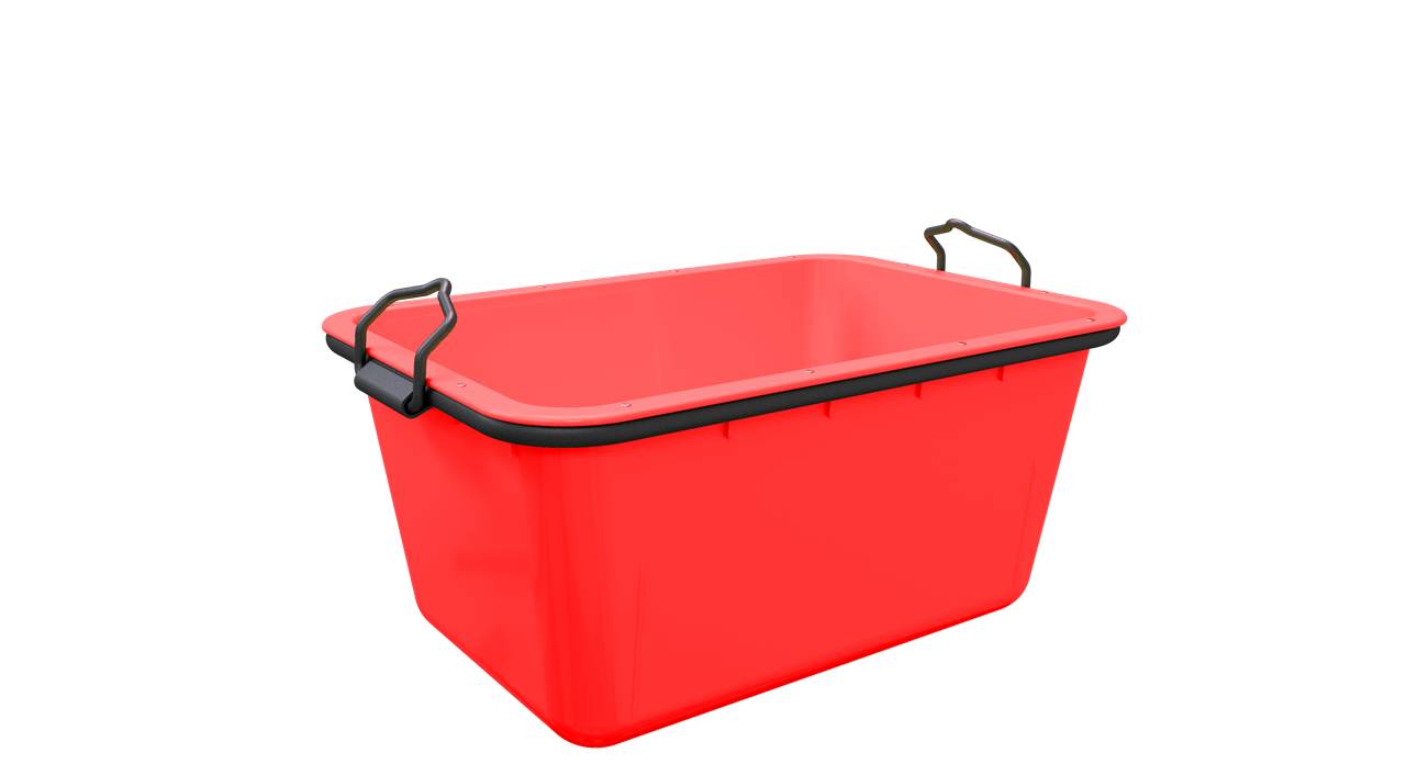 Eine rote rechteckige Aufbewahrungsbox mit schwarzen Griffen an jeder Seite, vor einem schwarzen Hintergrund platziert.