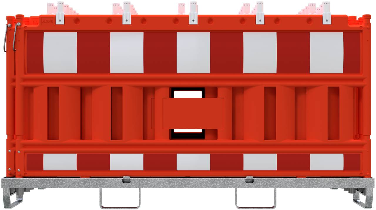 Schake 33420KA2-O-32003 SET mit 20 Absperrschrankengitter auf Lager- und Transporttraverse mit Lampenadapter mit rot/wei