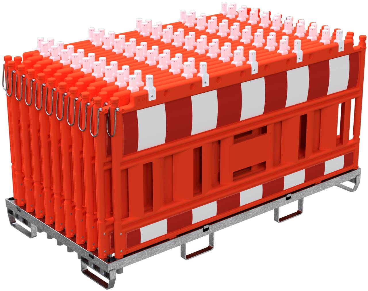 Schake 33420KA2-O-32003 SET mit 20 Absperrschrankengitter auf Lager- und Transporttraverse mit Lampenadapter mit rot/wei
