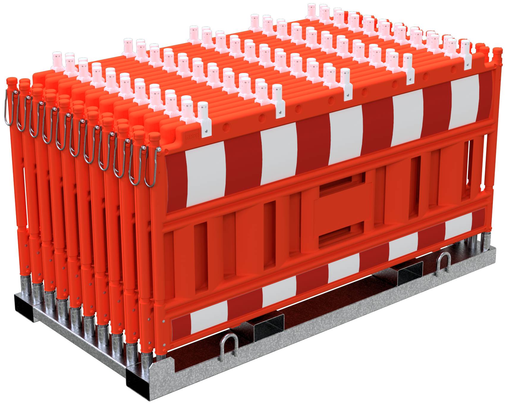 Schake 33420KA-O-32000 SET mit 20 Absperrschrankengitter auf Lager- und Transporttraverse mit Lampenadapter mit rot/weiß