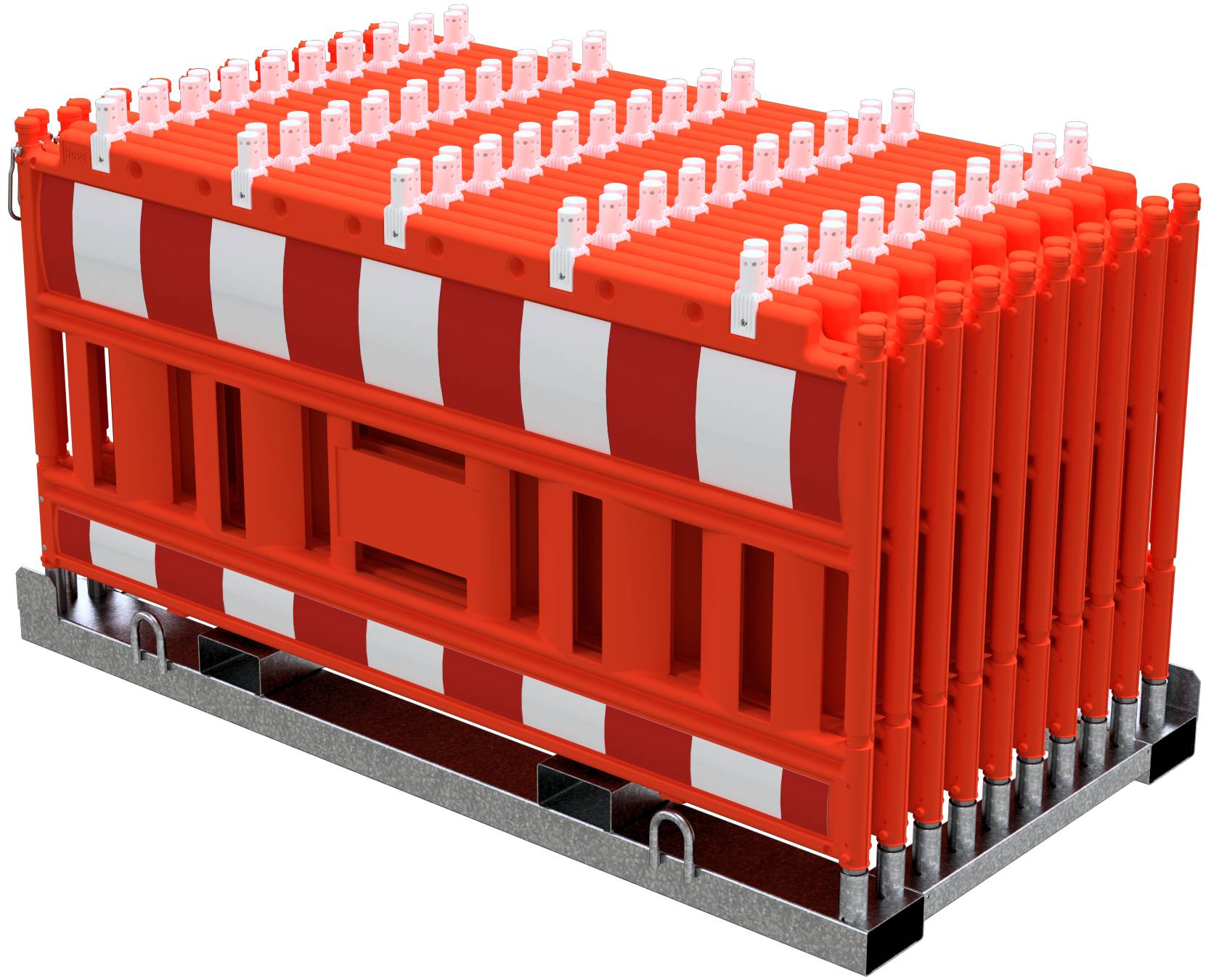 Schake 33420KA-O-32000 SET mit 20 Absperrschrankengitter auf Lager- und Transporttraverse mit Lampenadapter mit rot/weiß