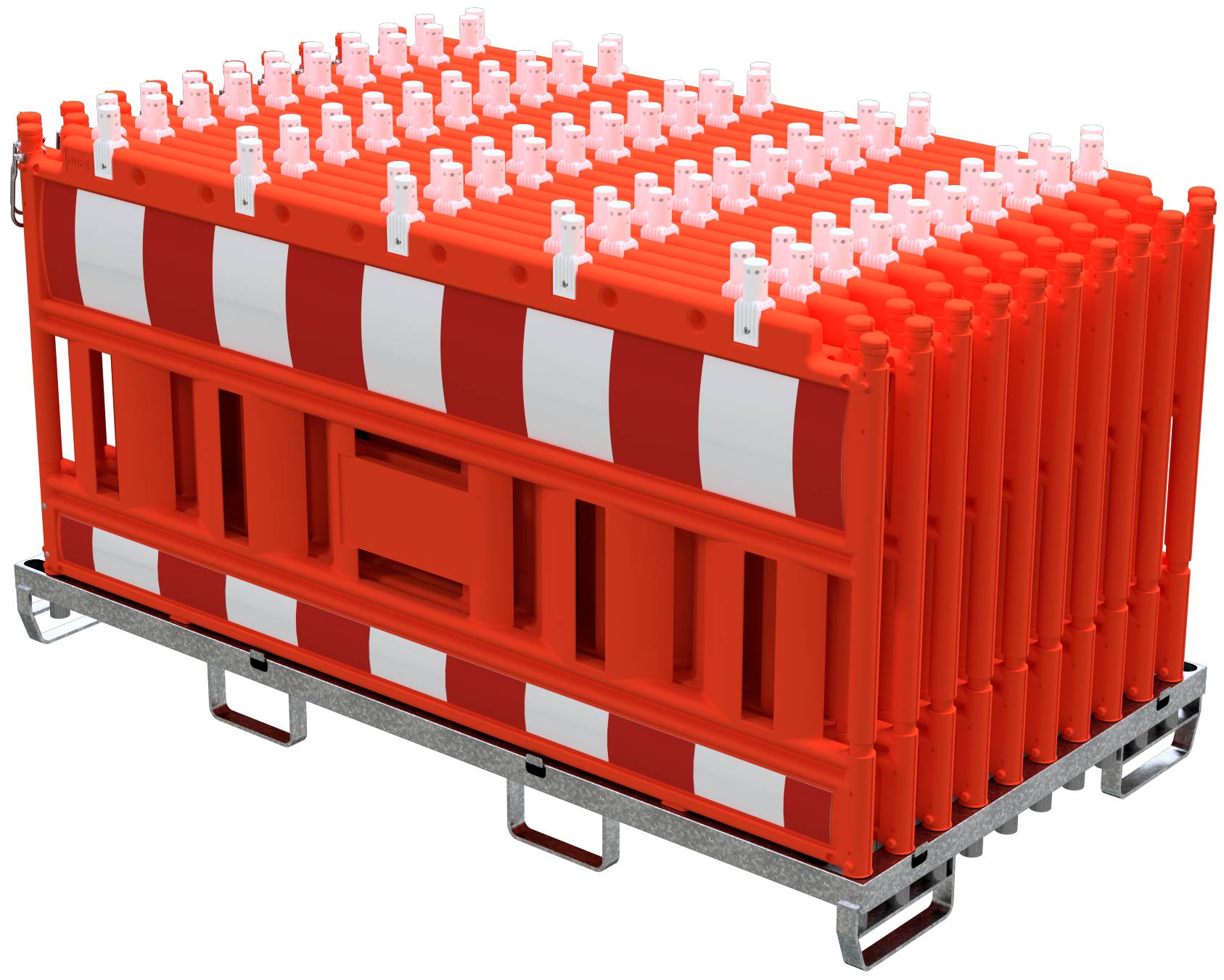 Schake 33420KA-O-32003 SET mit 20 Absperrschrankengitter auf Lager- und Transporttraverse mit Lampenadapter mit rot/weiß