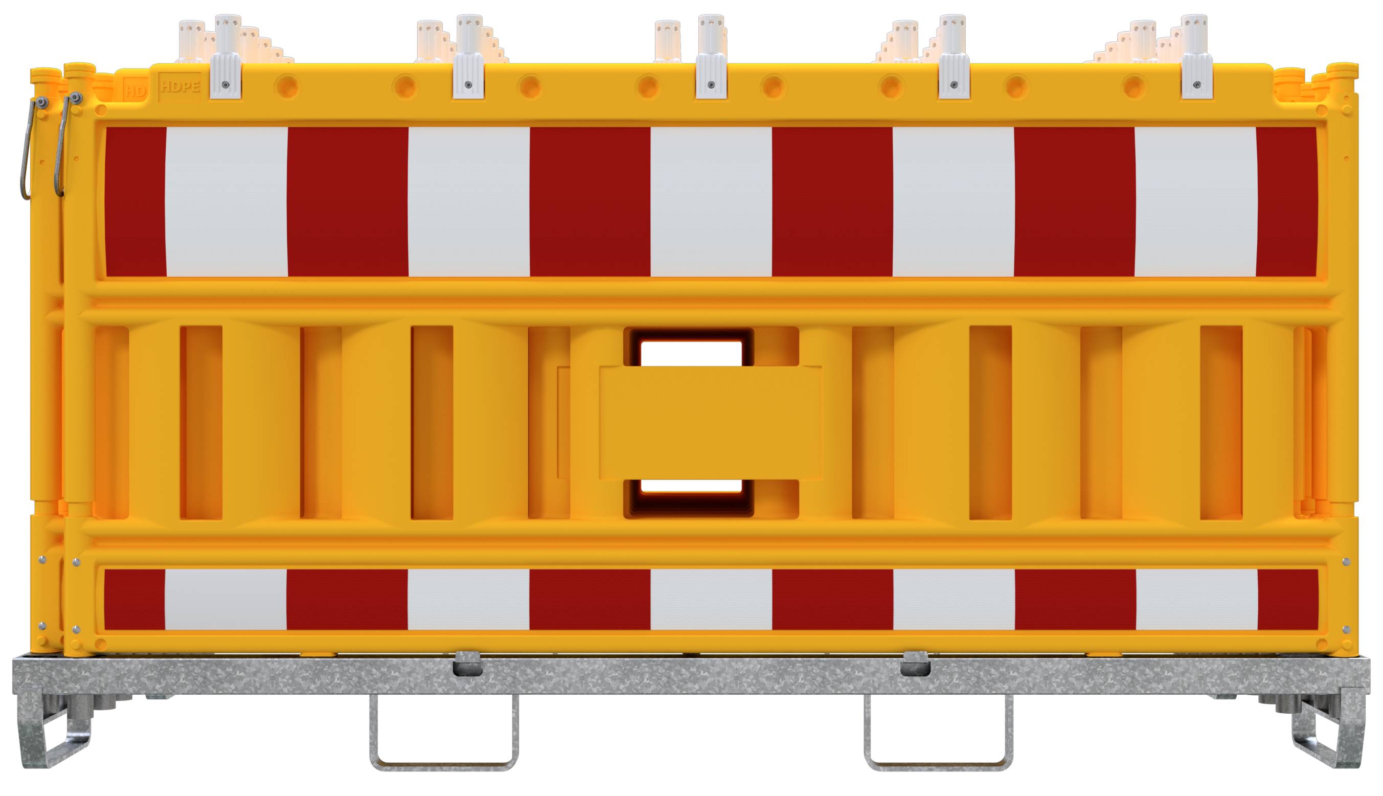 Schake 33420KA-G-32003 SET mit 20 Absperrschrankengitter auf Lager- und Transporttraverse mit Lampenadapter mit rot/weiß