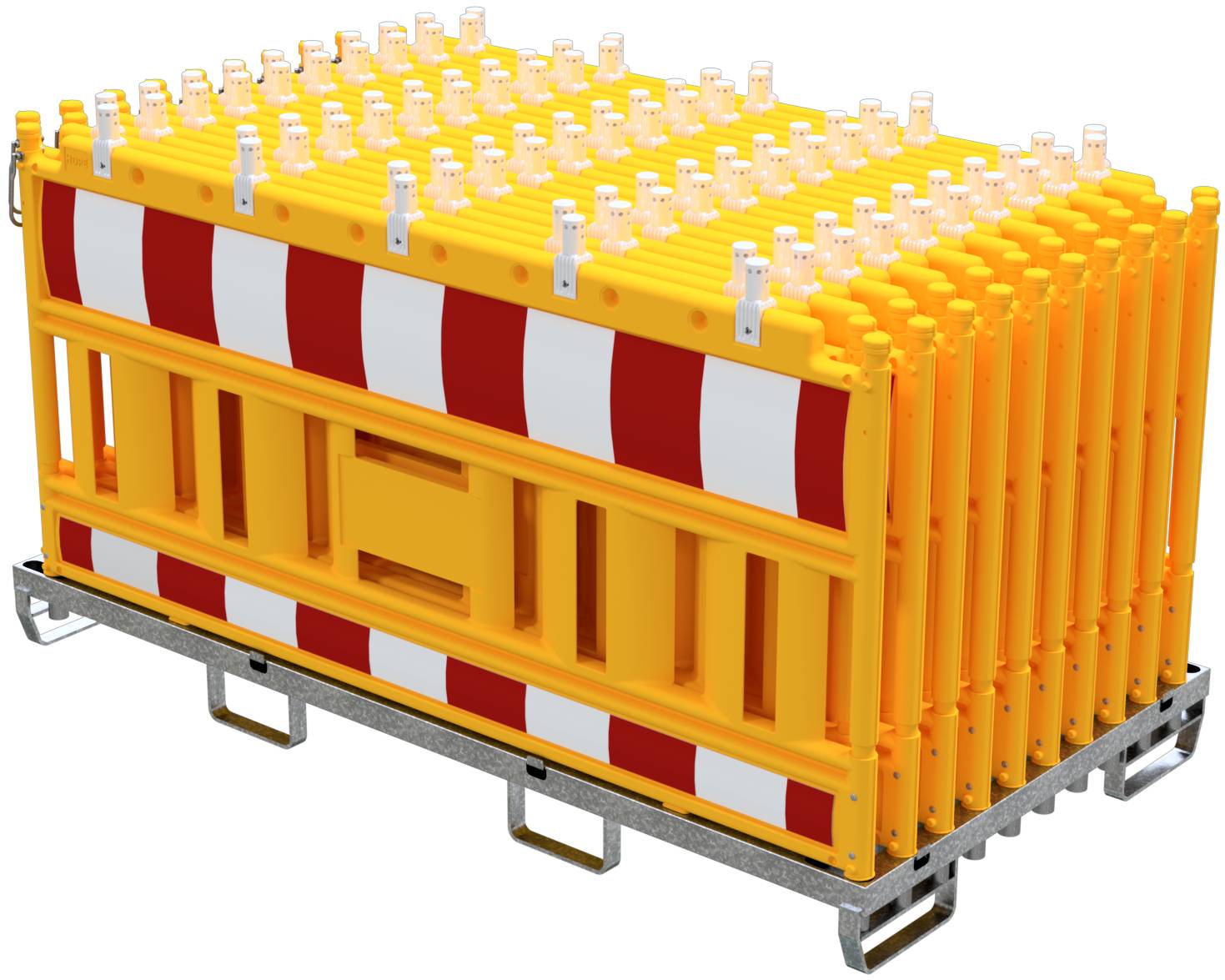 Schake 33420KA-G-32003 SET mit 20 Absperrschrankengitter auf Lager- und Transporttraverse mit Lampenadapter mit rot/weiß