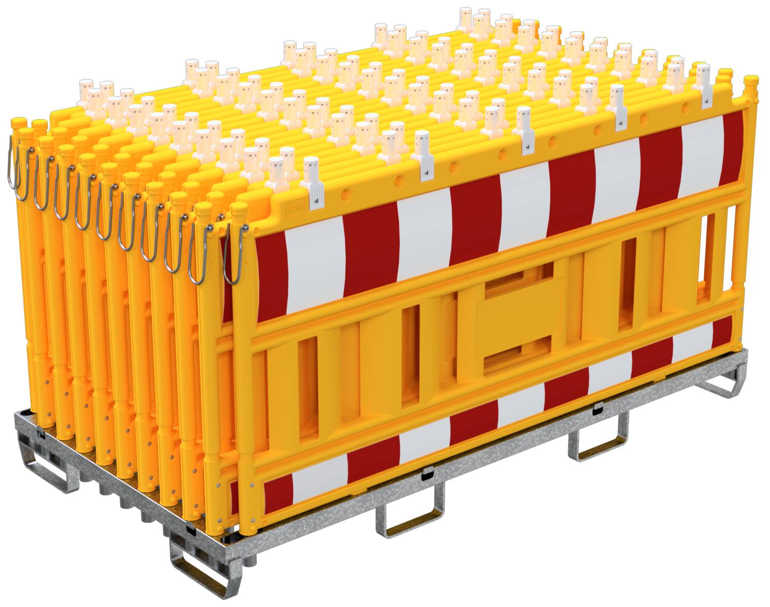 Schake 33420KA-G-32003 SET mit 20 Absperrschrankengitter auf Lager- und Transporttraverse mit Lampenadapter mit rot/weiß
