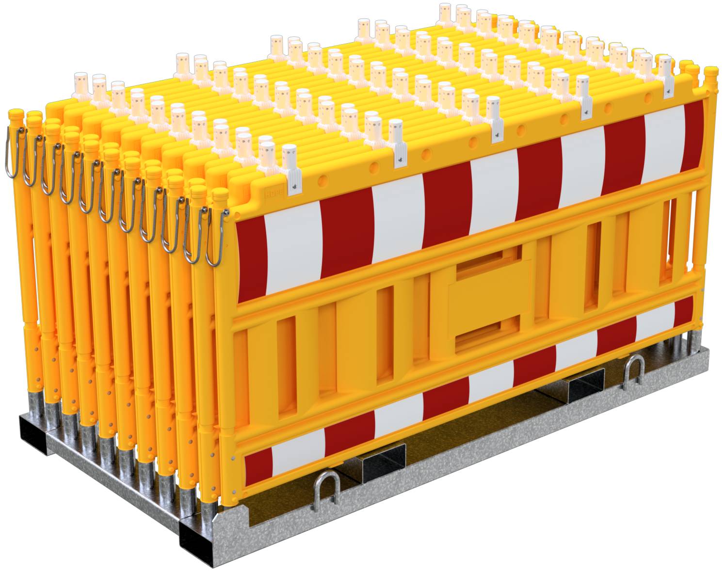 Schake 33420KA-G-32000 SET mit 20 Absperrschrankengitter auf Lager- und Transporttraverse mit Lampenadapter mit rot/weiß