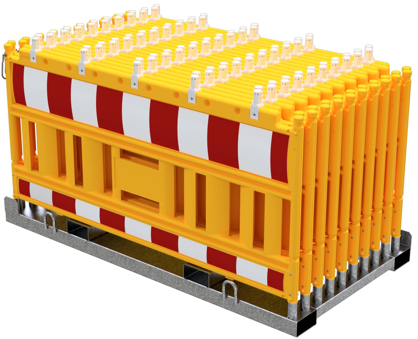 Schake 33420KA-G-32000 SET mit 20 Absperrschrankengitter auf Lager- und Transporttraverse mit Lampenadapter mit rot/weiß