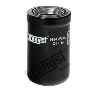 Schwarzer zylindrischer Hengst-Ölfilter mit der Modellbezeichnung 'H14WD03' auf der Seite.