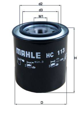 Ein schwarzer Mahle Ölfilter des Modells HC 113 mit Messskala. Die Höhe und der Gewindedurchmesser des Filters sind in einer Diagrammform dargestellt.