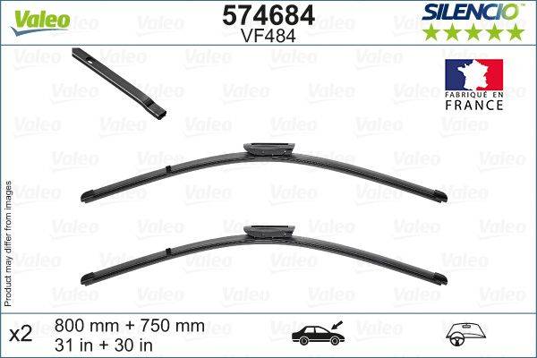 Valeo Scheibenwischerblätter, Modell 574684 VF484, 600 mm + 750 mm, dargestellt mit Seiten- und Frontansicht. Geeignet für Autoscheiben.