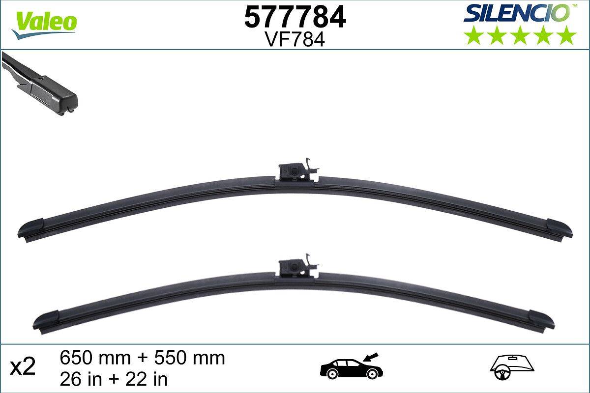 Zwei Scheibenwischer werden horizontal angeordnet, mit der Produktcode-Bezeichnung '577784 VF784' darüber. Maße: 450 mm + 550 mm (18 Zoll + 22 Zoll).