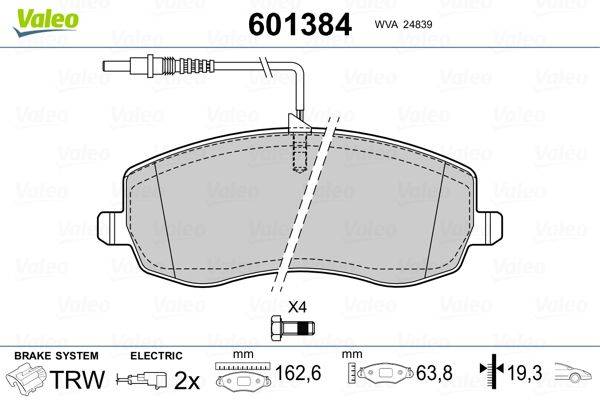 Bremsbelagdiagramm mit Maßangaben: 162,6 mm Länge, 63,8 mm Breite. Enthält elektrische Anschlussillustration und '2x' elektrische Menge.