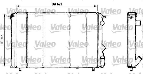 Valeo' Kühlerdiagramm mit beschrifteten Abmessungen 'OA 621'.