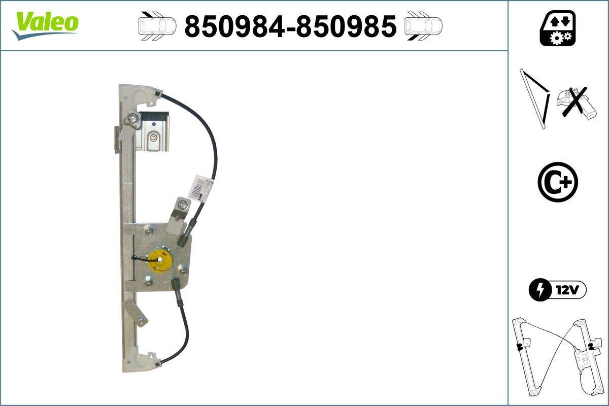 Autofensterhebermodul mit Kabeln und Metallkomponenten, gekennzeichnet durch die Produktnummer '850984-850985', isoliert auf weißem Hintergrund.