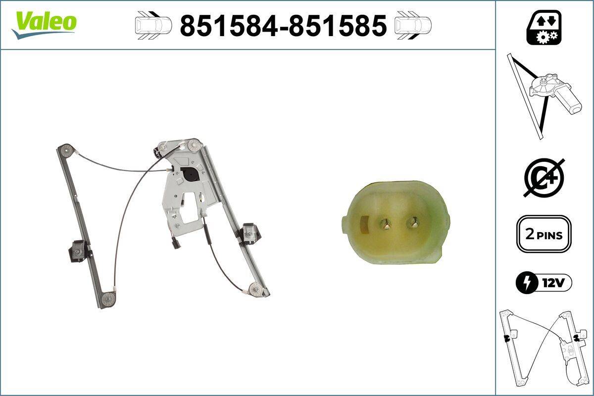 Ein Autofenster-Reguliermechanismus und ein grüner elektrischer Steckverbinder, beide in der Automobilindustrie verwendet. Teilenummer: 851584-851585.