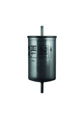 Ein zylindrischer Kraftstofffilter für Kraftfahrzeuge mit Einlass- und Auslassrohren, gekennzeichnet mit einem Pfeil, der die Kraftstoffflussrichtung anzeigt.