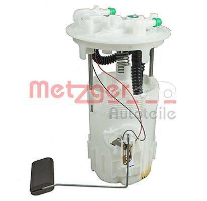 Kraftstoffpumpeneinheit - weiße zylindrische Einheit mit Kabeln und einem Schwimmarm, gekennzeichnet mit 'Metzger Autoteile' in roter Schrift, verwendet in Fahrzeugen.