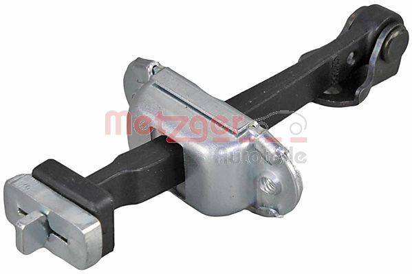 Ein Türfeststeller für ein Auto mit metallischen und schwarzen Komponenten, der den Öffnungswinkel der Tür begrenzt und Beschädigungen verhindert.