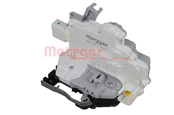 Türschloss-Mechanismus eines Autos in Weiß und Grau mit mehreren Anschlüssen und Befestigungspunkten, markiert mit 'Metzger Autoteile'.
