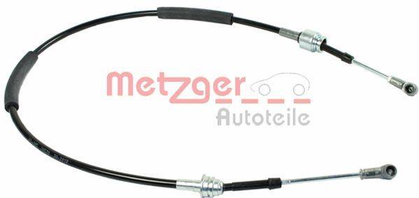 Ein metallisches Automotive-Kabel mit Anschlüssen an beiden Enden wird vor einem einfarbigen Hintergrund präsentiert. Der Markenname 'Metzger Autoteile' ist sichtbar.